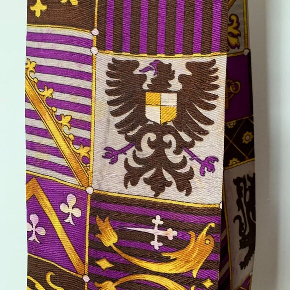 Vintage Long Regal Print Scarf with Fringe Purple Brown Grey Yellow - Picture 5 of 11